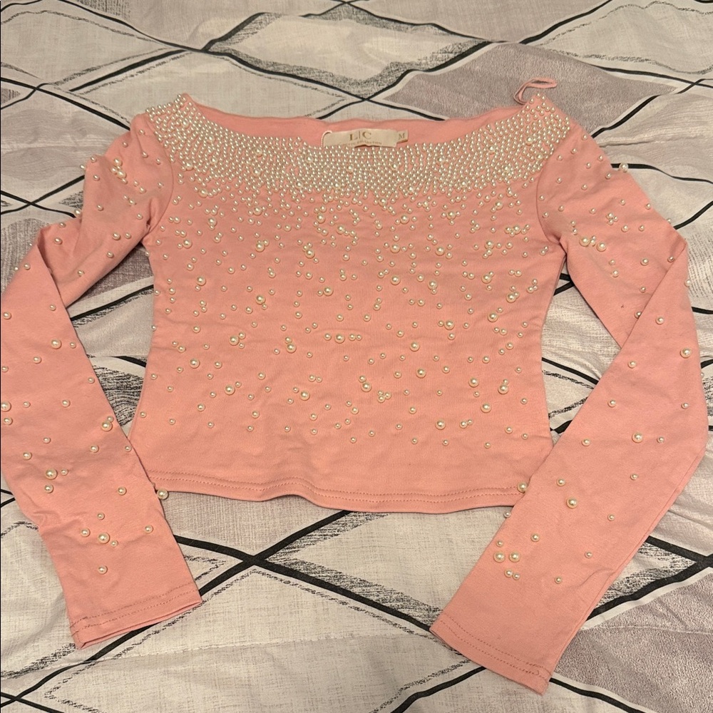 Elegant Pink Pearl-Embellished Women's Top
